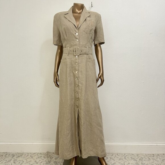 VTG 70s Karen Alexander Linen Safari Maxi Shirt Dress  Tan Emblem Button Up Sz 8 - Picture 1 of 11